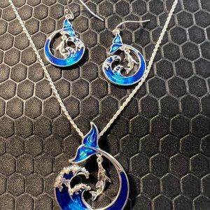 Dolphin and Wave Necklace and Earring Set Blue and Silver Made of Sterling Silve